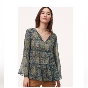 Loft Medallion Boho Bell Sleeve Blouse, Main Colors are Blue and Green, Size M